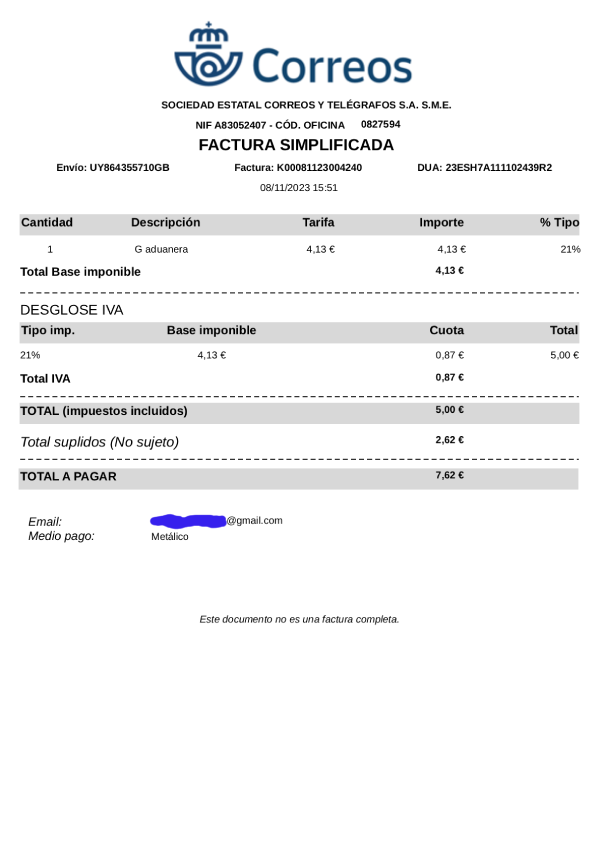Example of a fee from customs